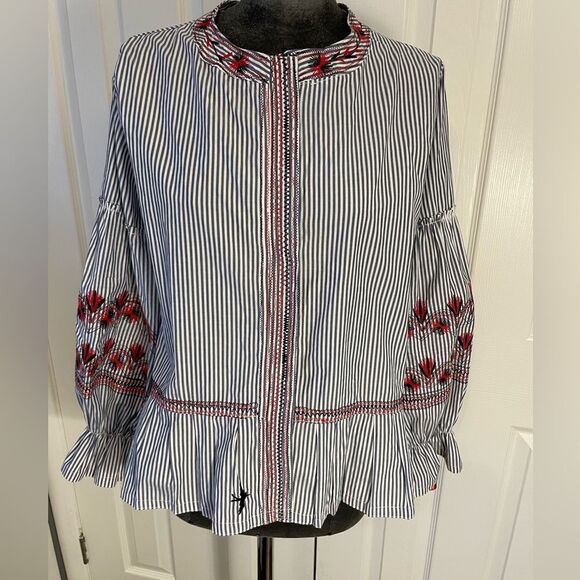 Mi Golondrina Hand Embroidered Striped Blouse Size Medium - Picture 1 of 11